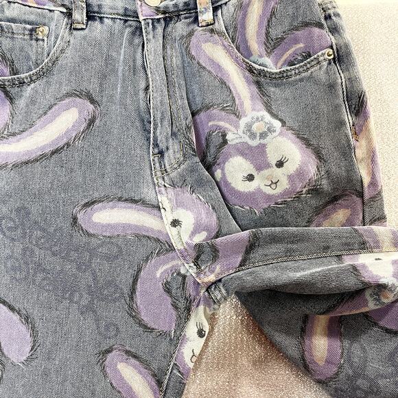 Bunny Rabbit Size M Jeans Wide Leg Flare High Waist Kawaii Bunny Anime Pastel - Picture 7 of 16